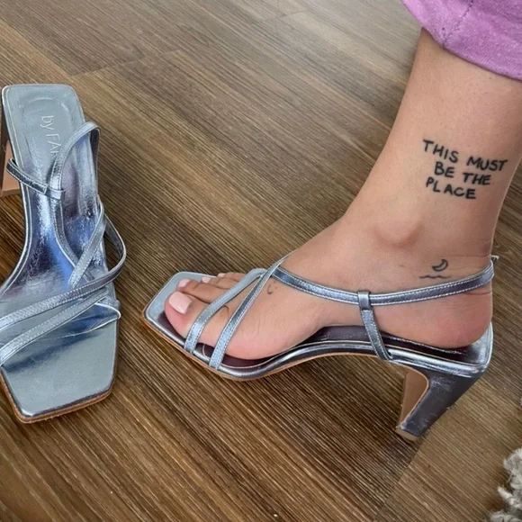BY FAR Shoes Metallic Blue Strappy By Far Kitten Heels Poshmark